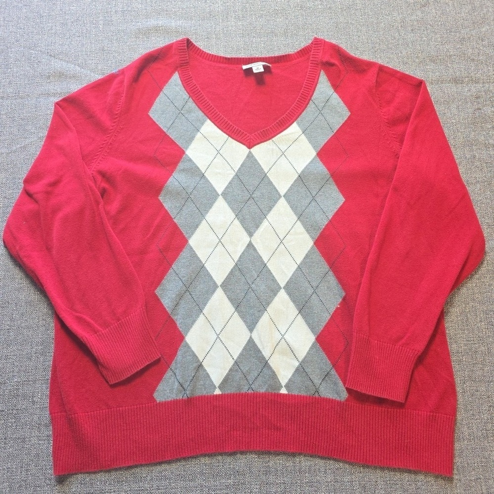 St. John's Bay Red Gray White argyle pullover V-neck sweater SZ 3x